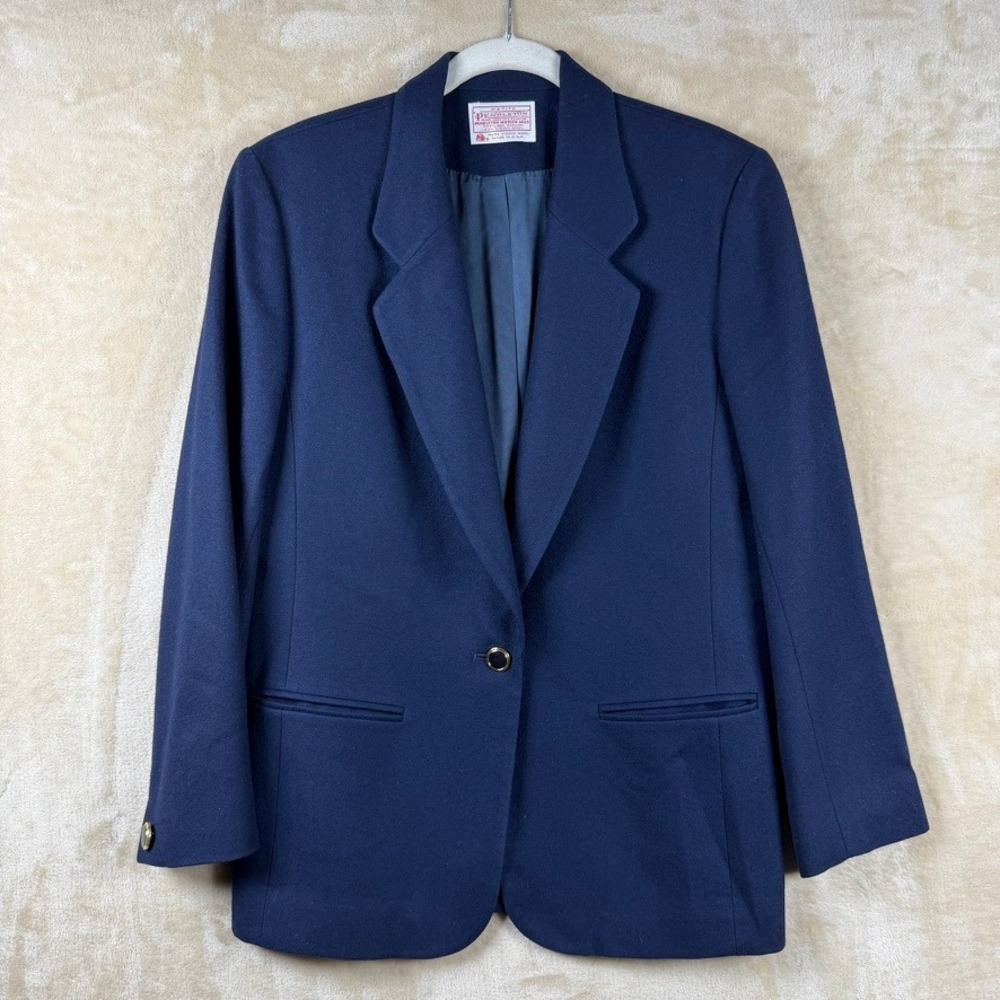 Pendleton Women 8P Navy Blue 100% Virgin Wool Single Button Blazer Classic